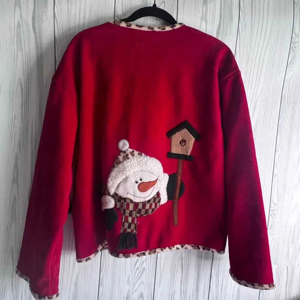 VTG Holiday Christmas Snowman Cardigan Embroidered Velour Leopard Accent Large